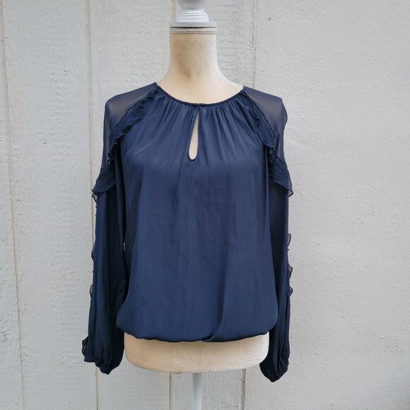 Ramy Brook silk sheer sleeve blue  top - Picture 1 of 6